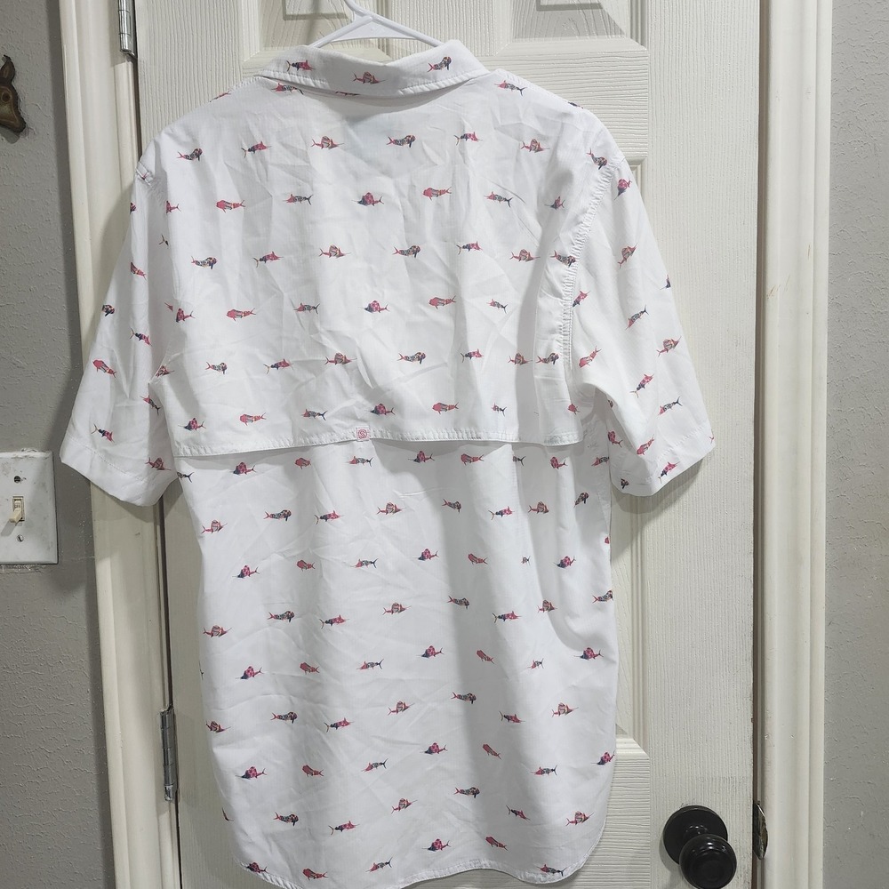 Scales Fishing Shirt L White Short Sleeve Button Front Vented Back Fish Print - Picture 9 of 11
